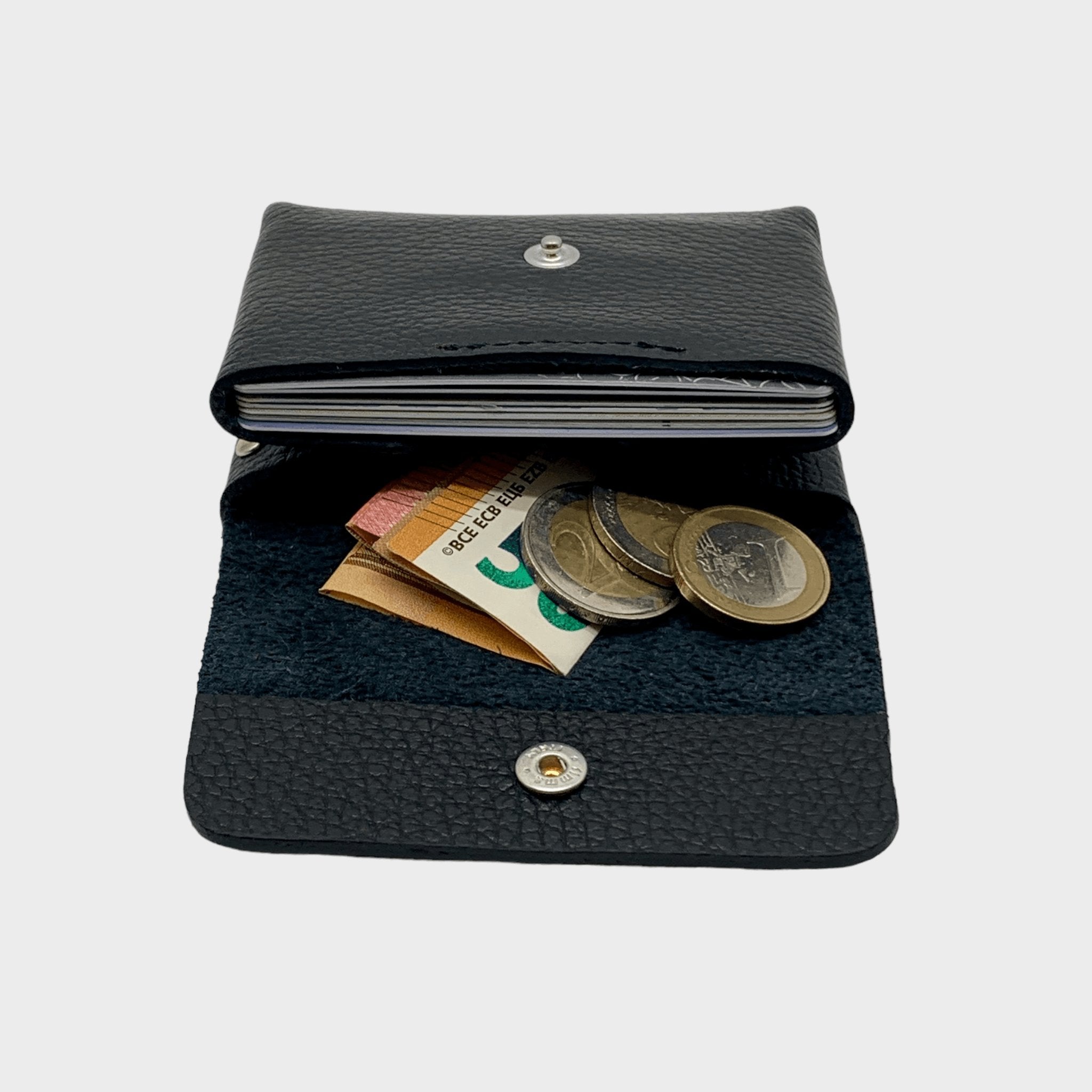 Mini Wallet schwarzes Leder, Karten und Münzfach, Ledergeldbörse, Ledergeldbeutel