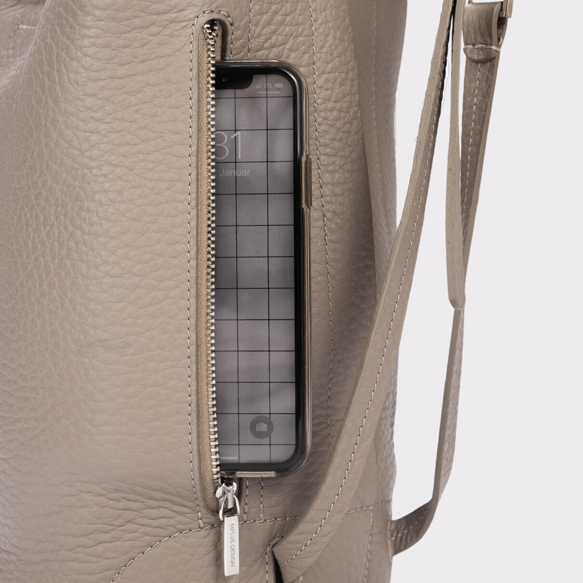 runder Taupe farbener Lederrucksack, Echtleder, Echt Leder Rucksack, Designer Rucksack Damen Taupe, Designer Rucksack für Damen, Leder Rucksack diebstahlsicher, Backpack taupe leather, genuine Leather