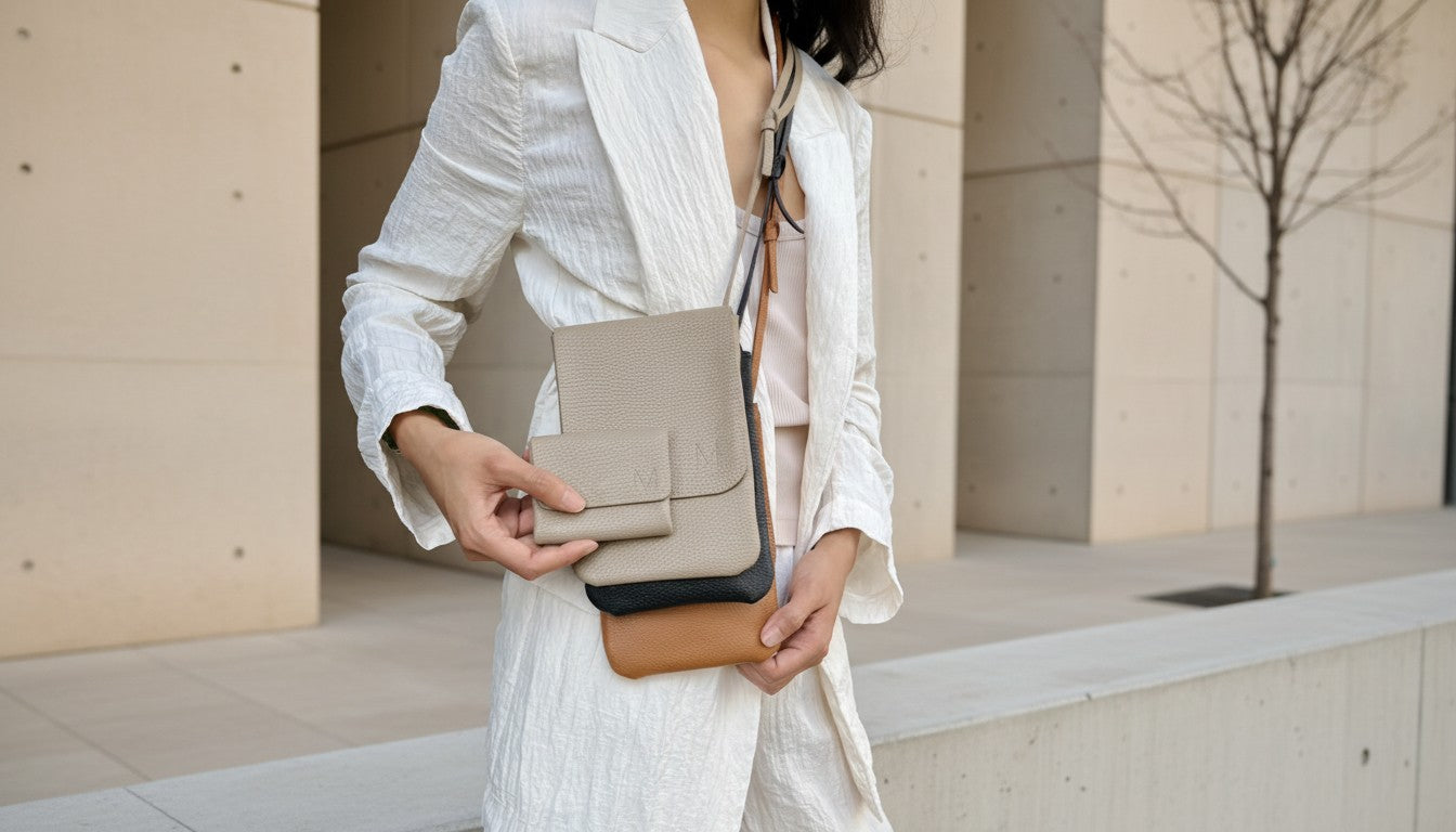 Leder Handytasche mit Mini Wallet zum Umhängen – minimalistisches Crossbody Set in neutralen Farben