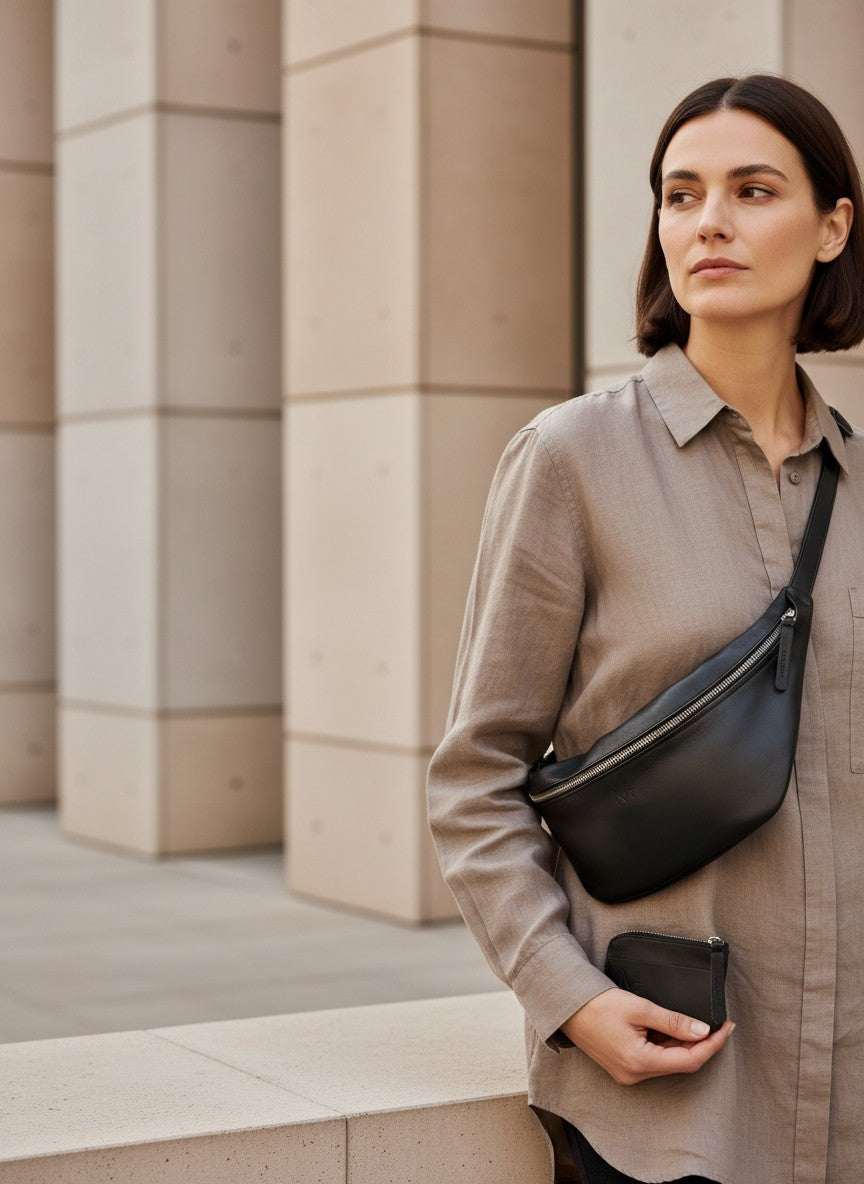 Leder Hip Bag schwarz Damen crossbody mit Mini Wallet – minimalistische Bauchtasche aus glattem Leder