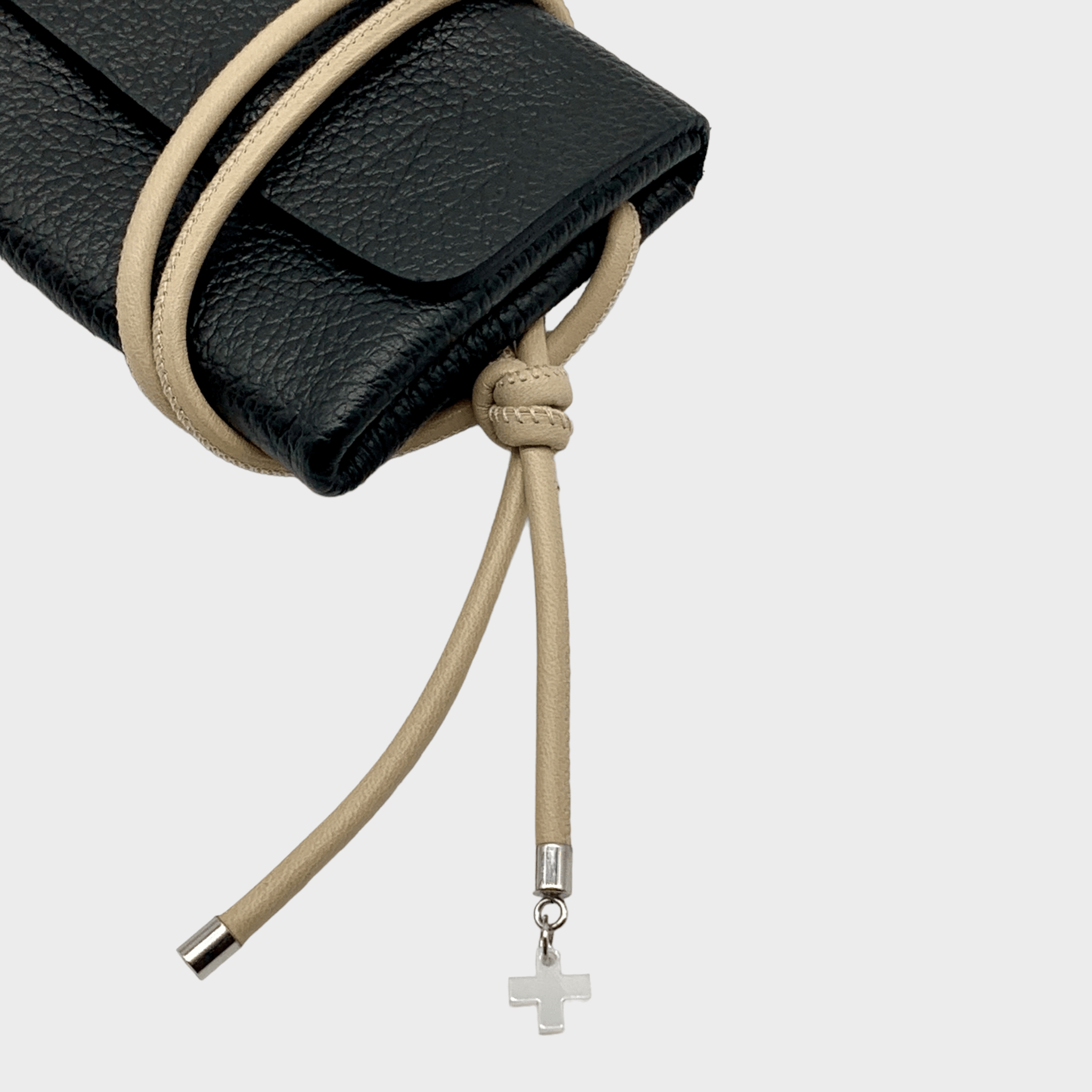 Mini wallet schwarz Leder mit Trageriemen, black leather wallet, Ledergeldbeutel Herren & Damen, Münzgeldbeutel, Kartenetui mit Münzfach, Ledergeldbeutel, schwarzes leder portemonnaie, rundgesäumtes Nappa Lederband
