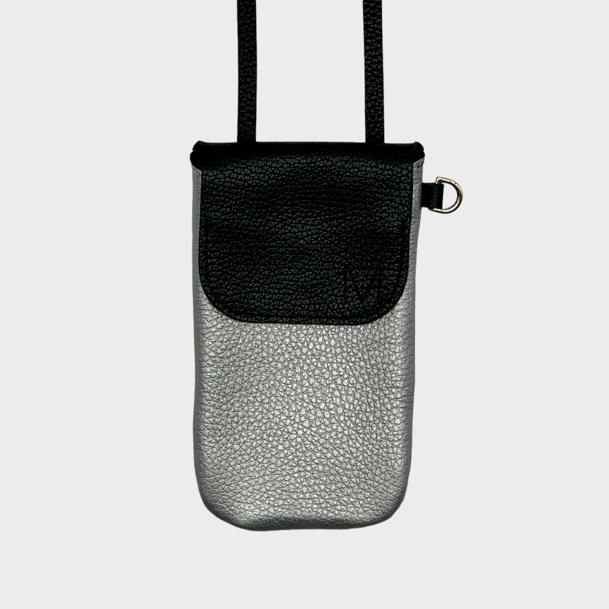 phone bag black + silver leather, schwarz und silberne Leder Handy Tasche, handytasche zum umhängen leder damen, Handytasche mit Geldfach, handytasche portemonnaie zum umhängen leder, handytasche zum umhängen leder unisex