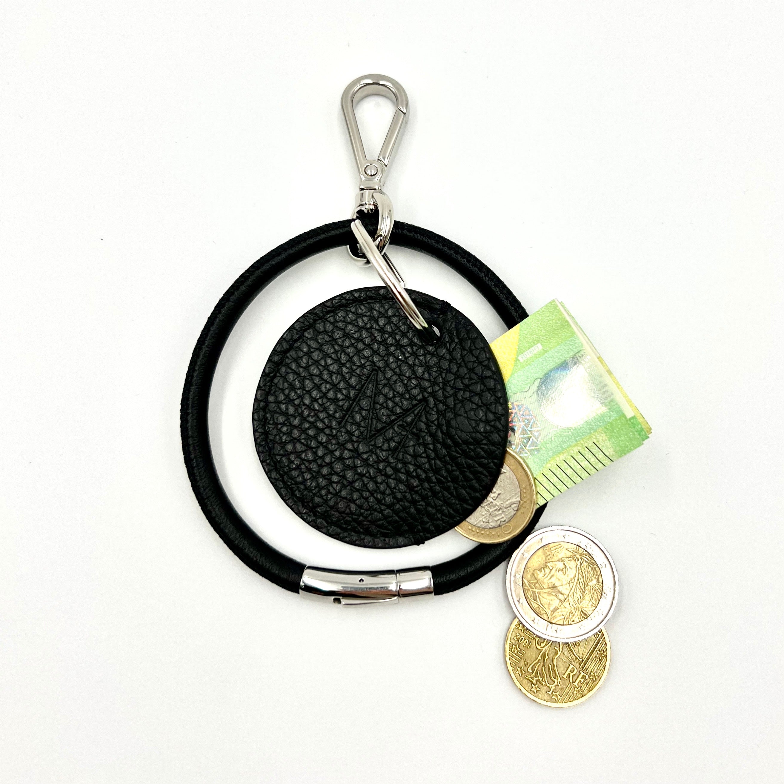 Key Bracelet Schlüsselanhänger Leder Schwarz Silber Karabiner Armband Mini Wallet Geheimfach Unisex