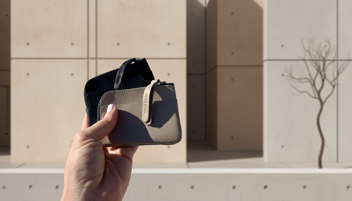 minimalistisches Design - hochwertiges Leder - handgemacht in Portugal - das Mini zipper wallet in der Hand präsentiert