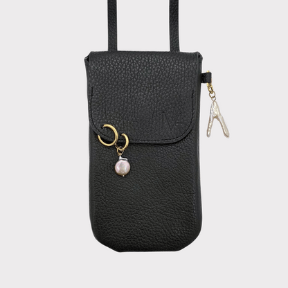 schwarze mini ledertasche piercing - Phone bag black leather - Handy Tasche aus Leder Damen, Handytasche Leder schwarz zum umhängen - piercing tasche - schwarze mini handy tasche