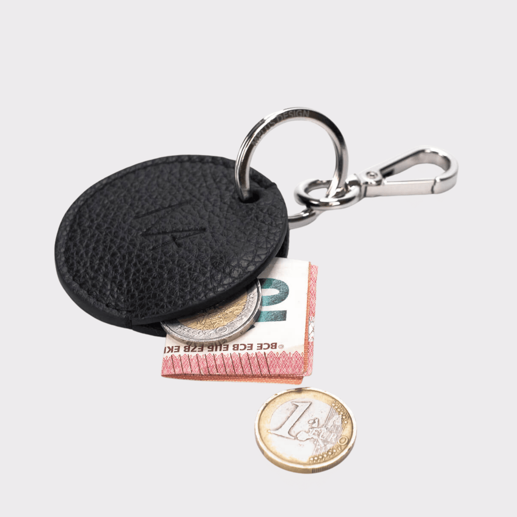 Keyring schwarzes Leder, Leder Schlüsselanhänger, Mini Geldbeutel, Schlüsselanhänger mit Münzfach, Schwarzes Echt Leder