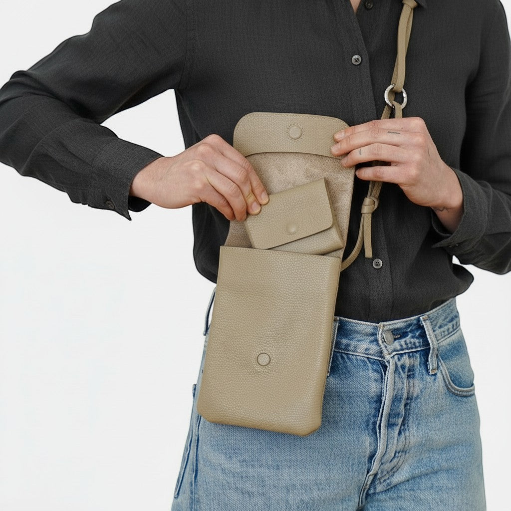 Taupe Leder Belt Bag – MPLUS Design Umhängetasche mit Mini Wallet