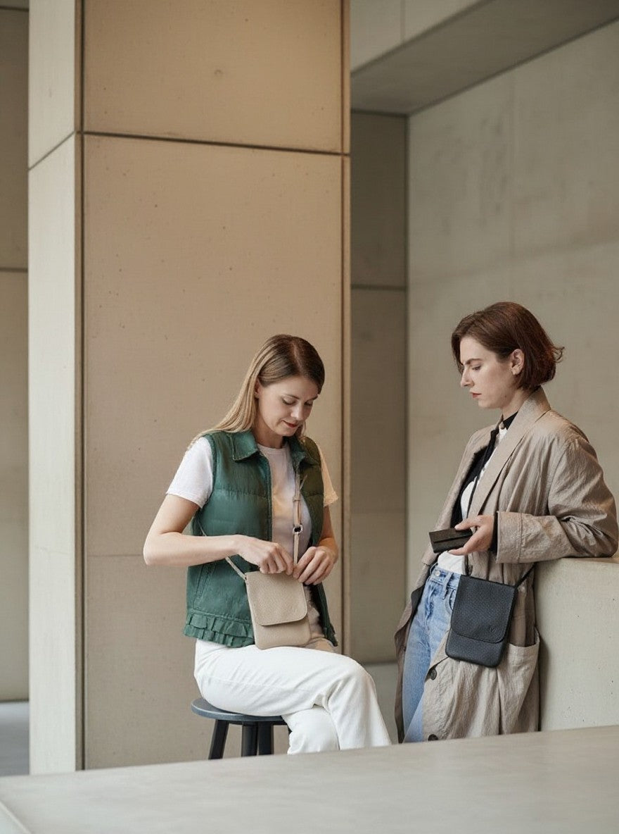 Zwei Frauen mit Leder Handytaschen crossbody – minimalistisches Phone Bag Set in Beige und Schwarz