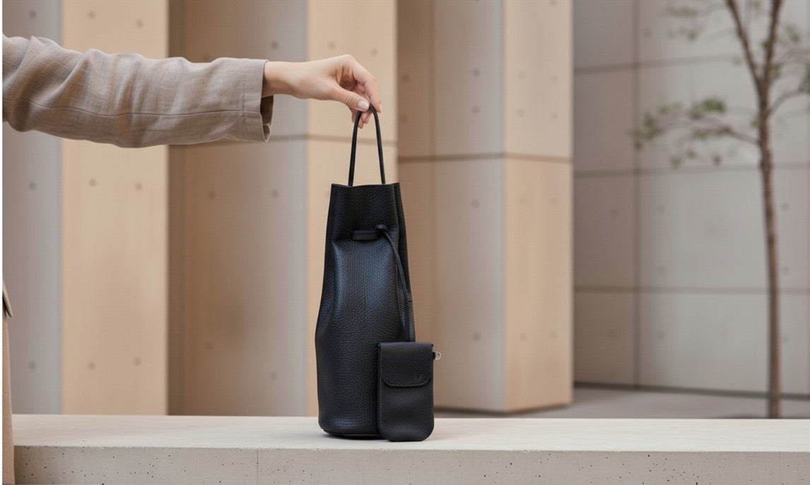 Minimalistischer Leder Rucksack schwarz mit passender Handytasche – hochwertiges Set aus genarbtem Leder