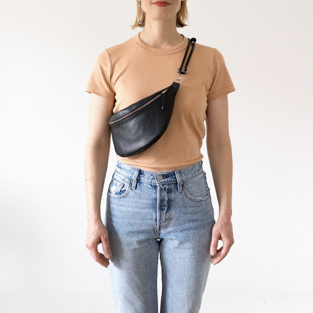 Schwarz Echt Leder Tasche Fannypack Hip bag Bauchtasche Umhängetasche